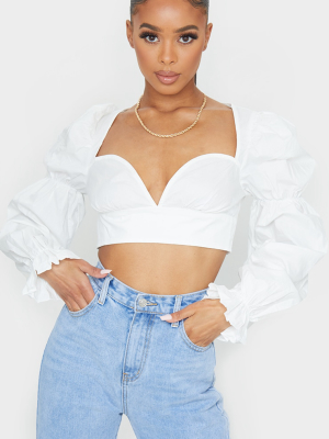 White Woven Ruched Cup Puff Long Sleeve Crop Top