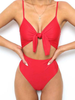 High Leg Cut Out Knotted One Piece Swimsuit