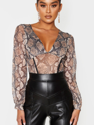 Nude Mesh Snake Print Caged Detail Bodysuit