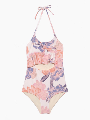 Delaney Ruffle Cut Out One Piece Swimsuit (kids) - Ivory White Floral Print