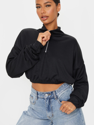 Black Rib Zip Front Long Sleeve Sweater