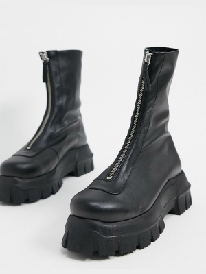 Asos Design Apricot Premium Leather Chunky Zip Front Boots In Black