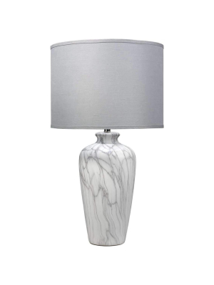 Bedrock Table Lamp In Marbled Ceramic With Large Drum Shade In Grey Linen