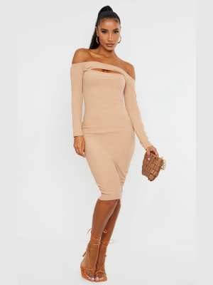 Toffee Rib Cut Out Long Sleeve Midi Dress