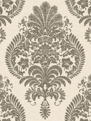 Antigua Damask Wallpaper In Charcoal And Ivory From The Luxe Retreat Collection By Seabrook Wallcoverings