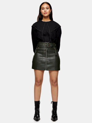 Petite Olive Green Hardware Zip Biker Skirt