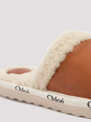 Chloé Logo Trim Shearling Slippers