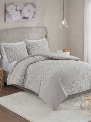 Danica 3pc Tufted Cotton Chenille Floral Comforter Set Gray/white