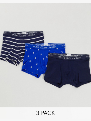 Polo Ralph Lauren 3 Pack Trunks In All Over Pony Logo/stripe And Navy With Contrasting Logo