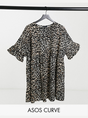 Asos Design Curve Super Oversized Ruffle Sleeve Smock In Animal Print