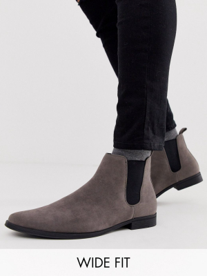 Asos Design Wide Fit Chelsea Boots In Gray Faux Suede