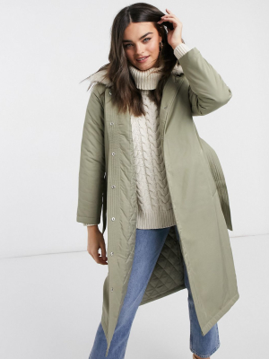 Fashion Union Longline Parka With Faux-fur Trim And Belt