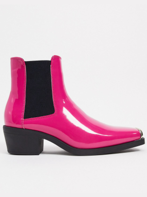 Asos Design Cuban Heel Western Chelsea Boot In Pink Faux Leather With Square Toe With Metal Cap