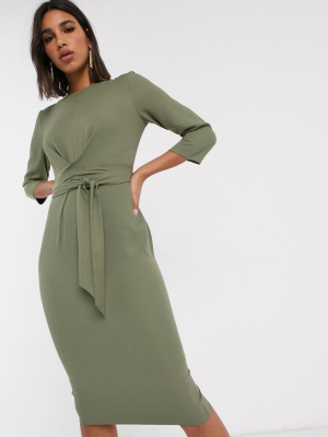 Asos Design Tie Wrap Around Midi Dress In Khaki