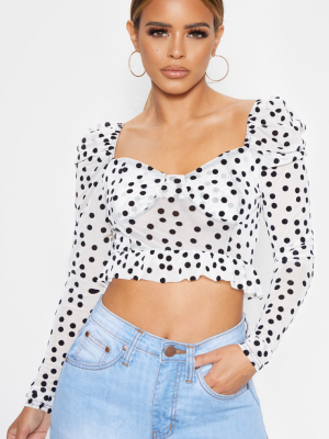 Petite White Polka Dot Mesh Long Sleeve Top