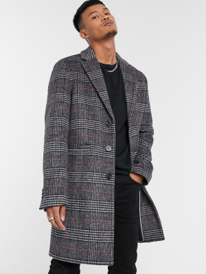 Asos Design Wool Mix Overcoat In Charcoal Check