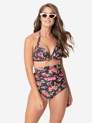 Unique Vintage Black & Red Floral Print Monroe Halter Swim Top