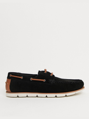 Asos Design Boat Shoes In Black Suede With White Sole