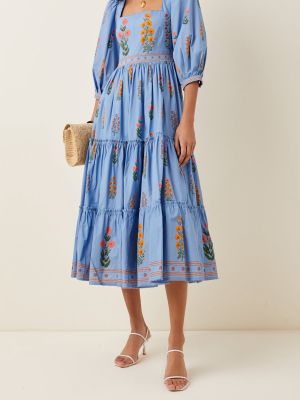 Miel Dahlia-embroidered Cotton-poplin Midi Dress