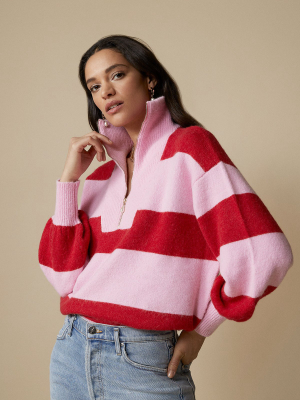 Lorna Pink Striped Alpaca Blend Zip Collar Sweater
