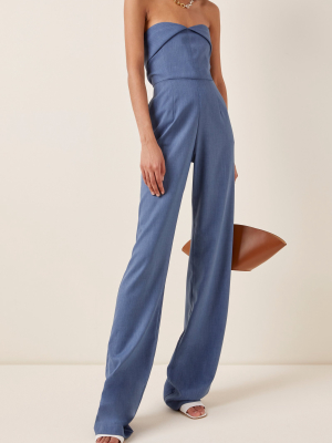 Belted Chambray Strapless Jumpsuit