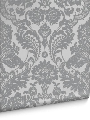 Gothic Damask Flock Wallpaper In Grey And Silver From The Exclusives Collection By Graham & Brown