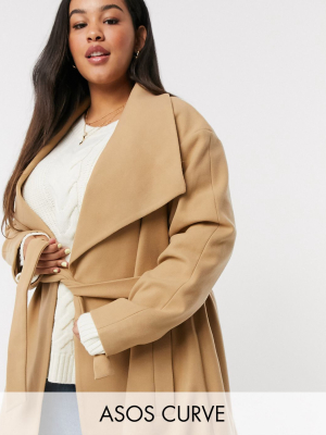 Asos Design Curve Longline Belted Skater Coat In Camel