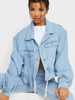 Light Blue Wash Rope Tie Hem Oversized Denim...