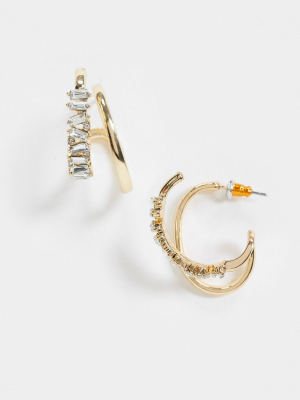 Asos Design Double Loop Earrings With Crystal In Gold Tone