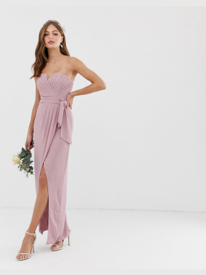 Tfnc Bridesmaid Exclusive Bandeau Wrap Midaxi Dress With Pleated Detail In Pink