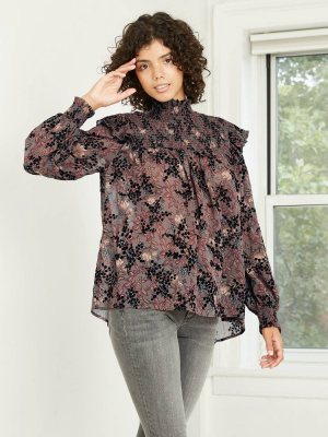 Women's Printed Bishop Long Sleeve Blouse - Knox Rose™ Brown