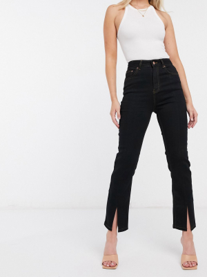 Asos Design High Rise 'sassy' Cigarette Jeans With Split Hem In Black