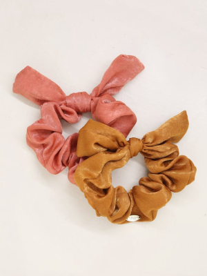 Bella Satin Hair Scrunchie Set In Rust And Coral