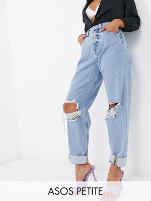 Asos Design Petite Recycled High Rise 'slouchy' Mom Jeans In Lightwash With Rips