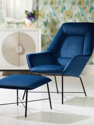 Studio 55d Hemingway Blue Velvet Lounge Chair With Ottoman