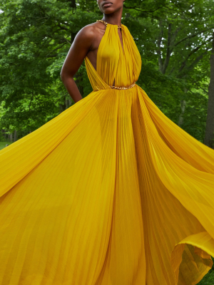 Chain-embellished Pleated Silk Gown