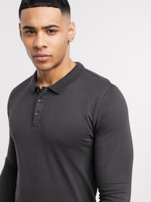 New Look Long Sleeve Muscle Fit Polo In Gray