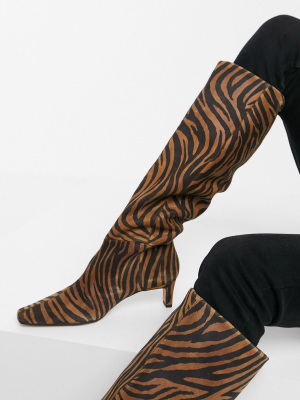 Asos Design Colette Premium Leather Mid-heeled Pull On Knee Boots In Tiger