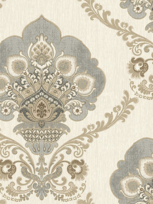 Ornate Fanned Damask Wallpaper In Warm Silver From The Caspia Collection By Wallquest