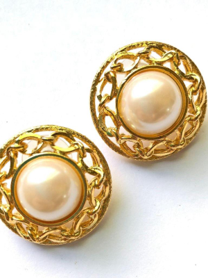 Vintage Round Pearl And Gold Statement Earrings
