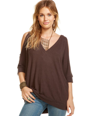 Love Knit 3/4 Sleeve V-neck Cold Shoulder Hi-lo Dolman