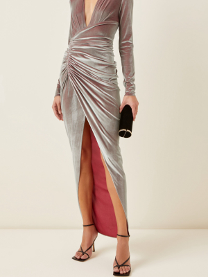 Gathered High-slit Velvet Gown