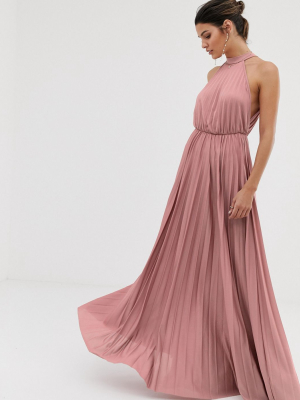 Asos Design Halter Pleated Waist Maxi Dress In Rose