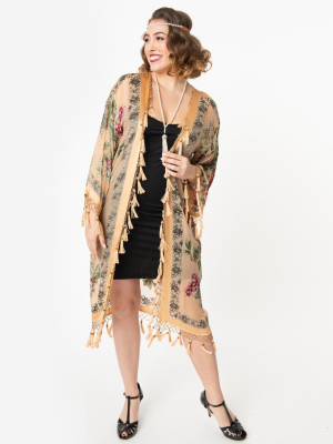 Flapper Style Gold Beaded Floral Print Scarf Coat