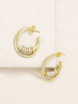 Double Crystal Pave Ring 18k Gold Plated Hoop Earrings