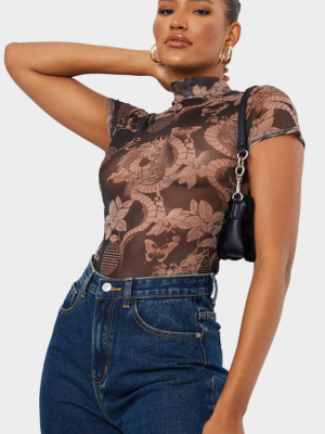 Black Dragon Print Short Sleeve Bodysuit