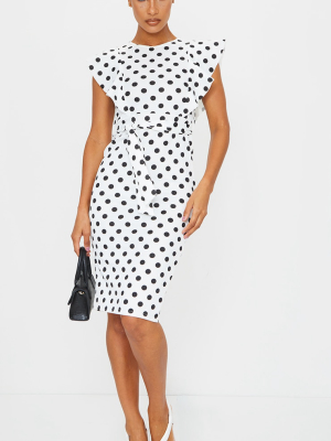 White Polka Dot Frill Detail Midi Dress