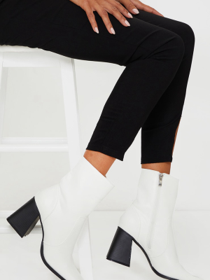 White Square Toe Flare Block Heel Ankle Boot