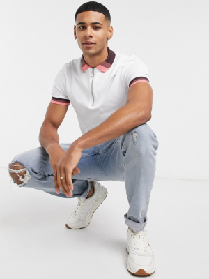 Asos Design Skinny Polo Shirt With Contrast Tipping In White