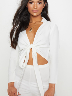 Blanche White Tie Front Long Sleeve Crop Blouse